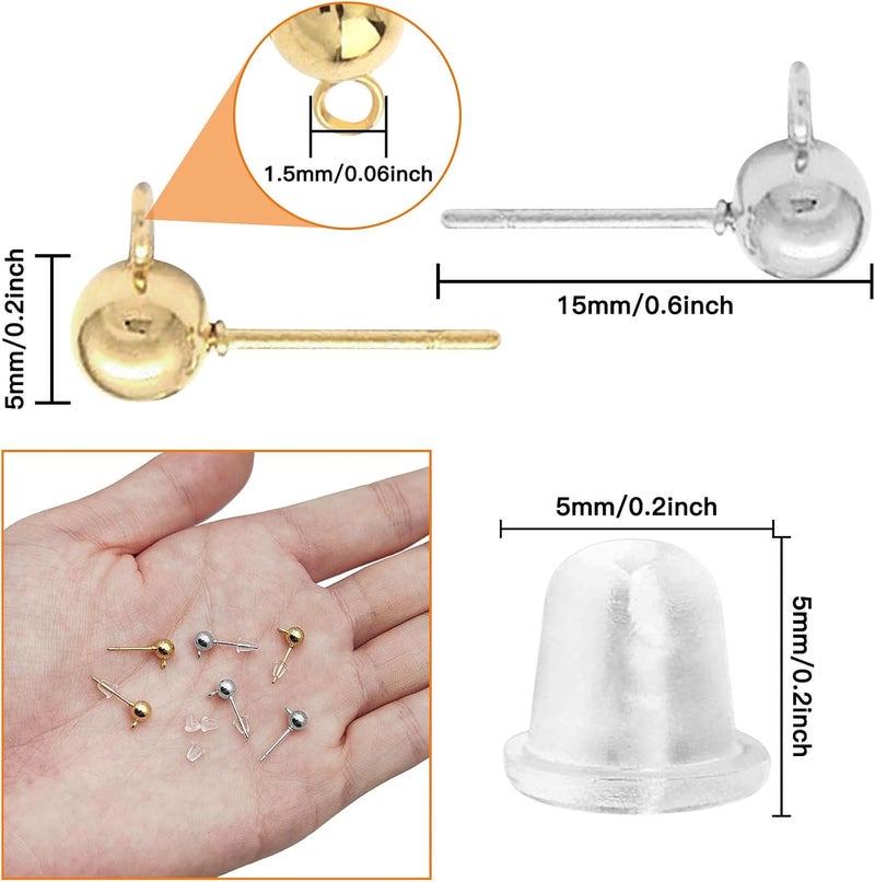 Oubaka 120Pcs Hypoallergenic Ball Studs for Jewelry Making,Round Ball Earring Posts Balls Post Earring Studs with Loop and 200Pcs Clear Earring Backs for DIY Jewelry Making(KC Gold and White K) - Image 3